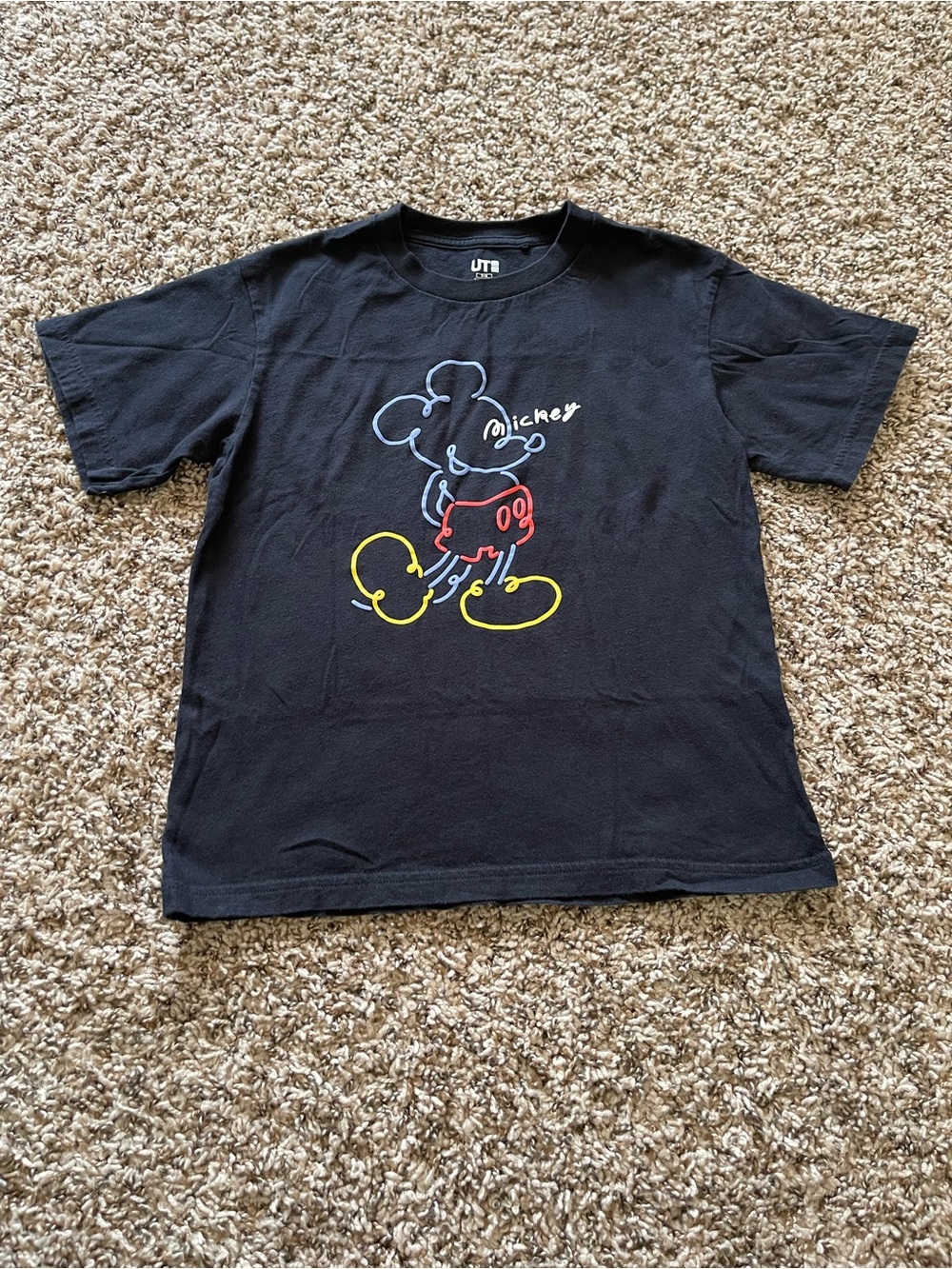 UNIQLO UT Disney Mickey Mouse T Shirt Youth Size 7-8 Kids Black Graphic Neon Tee